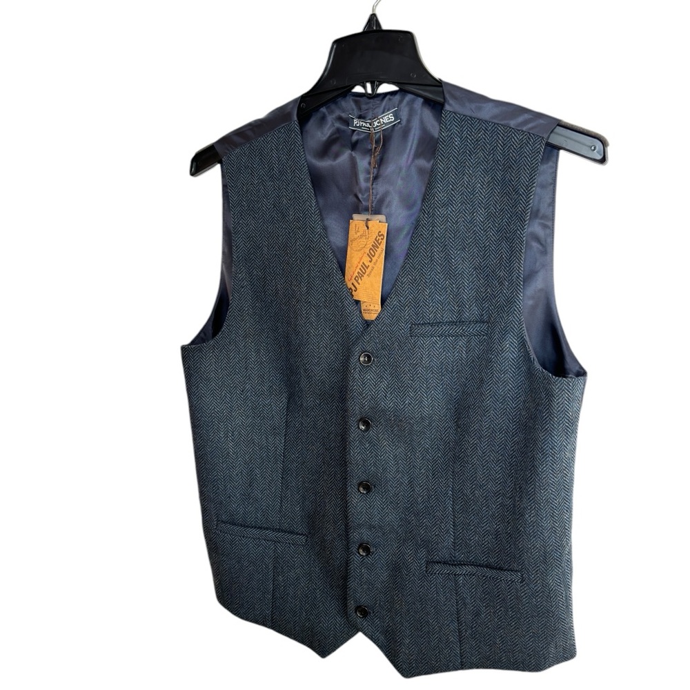 Paul Jones Wool Blend Navy Tweed Herringbone Waistcoat Vest Mens Medium Classic - Picture 2 of 13